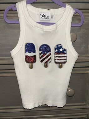 Lola + The Boys White Ribbed Tank with Red, Blue and Gold Beaded Popsicles Sz 10